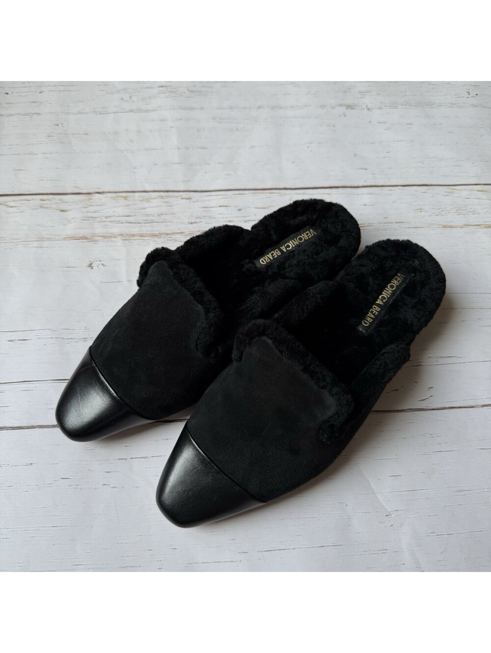 Veronica Beard Cecile Genuine Shearling Mule Black Women Size 5.5M MSRP $395.00